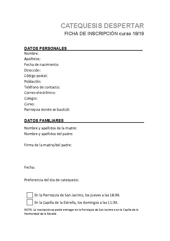 Inscripcion CATEQUESIS DESPERTAR