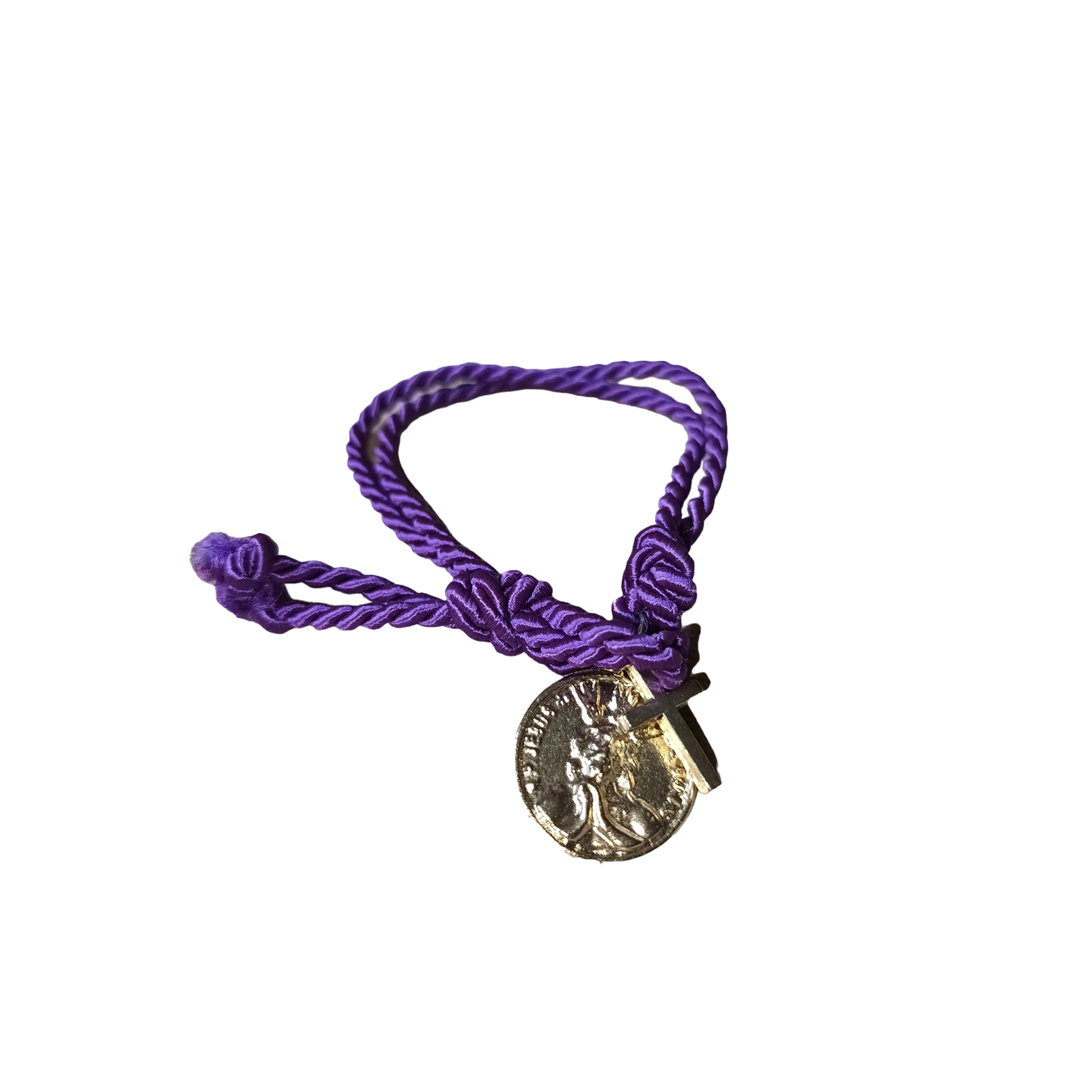 Pulsera trenzada morada medallita doble