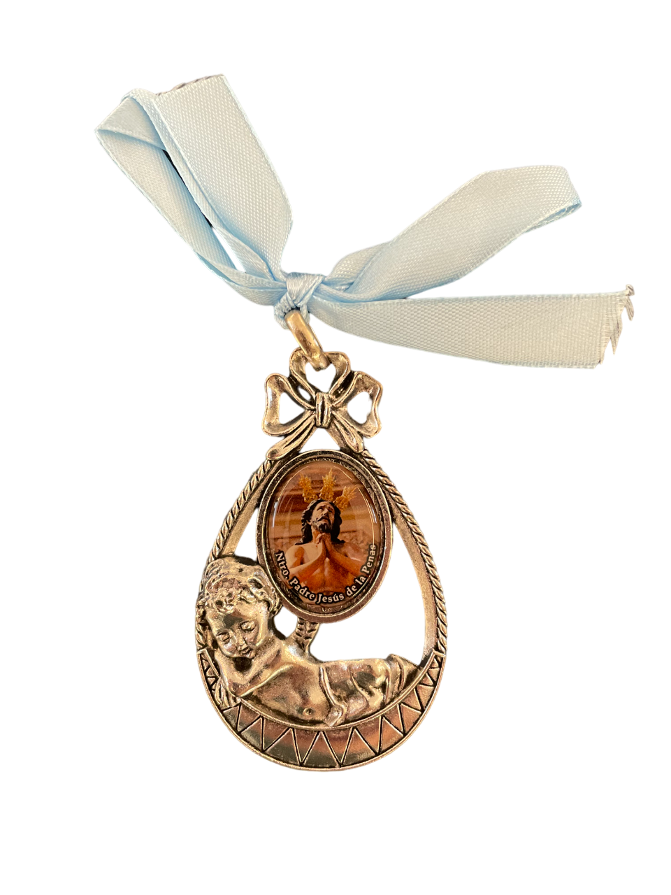 Medalla de cuna cinta celeste Cristo con Ángel