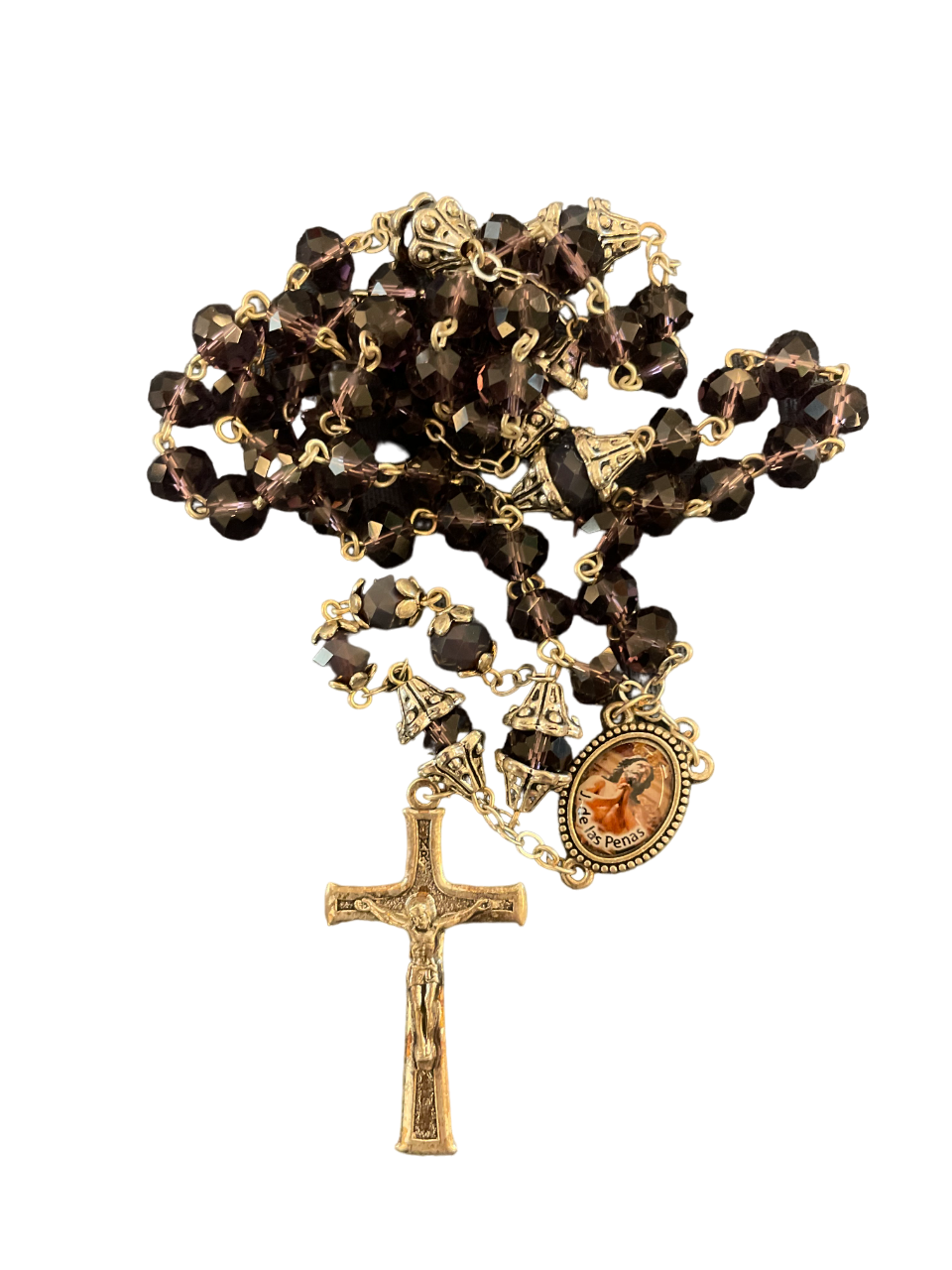 Rosario de 5 misterios morado de cristal con foto del Cristo
