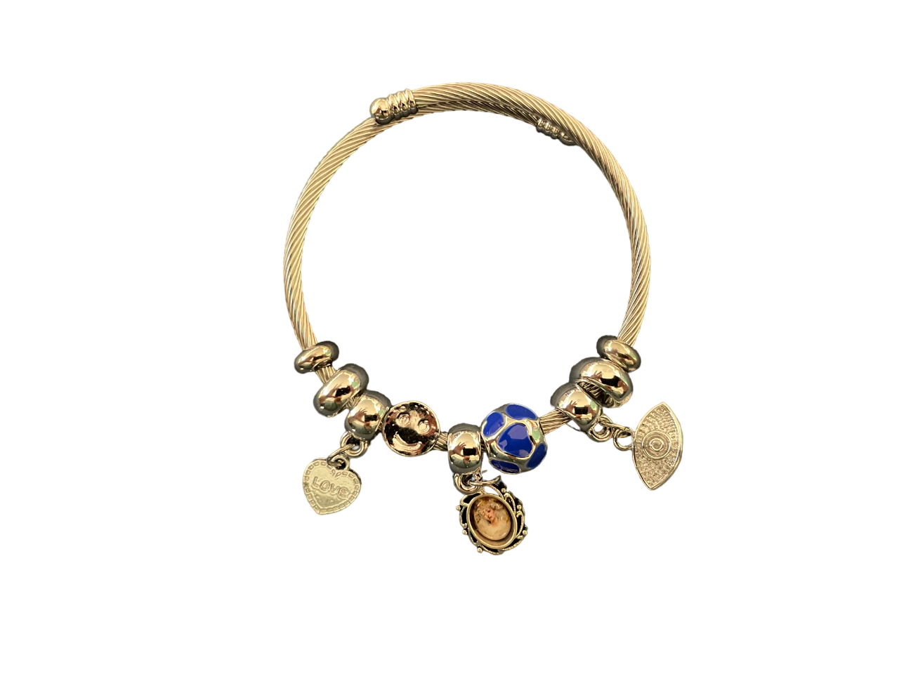 Pulsera de metal con apliques de diferentes colores y foto de la Virgen
