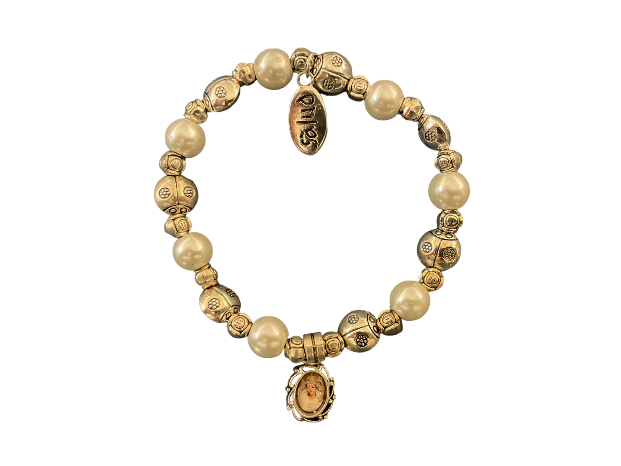 Pulsera de la salud con perlitas y foto de la Virgen