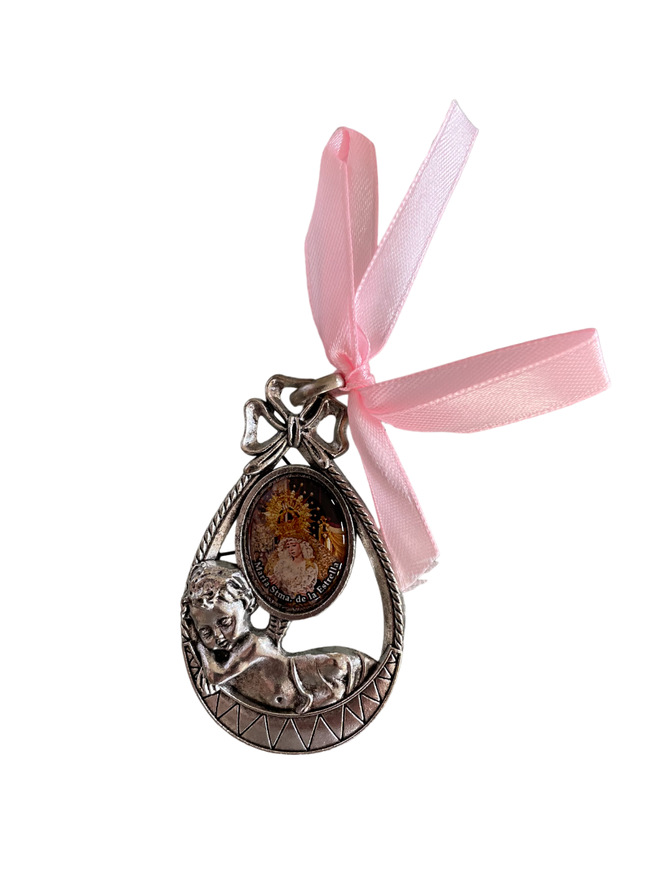 Medalla de cuna calada cinta rosa Virgen con Ángel
