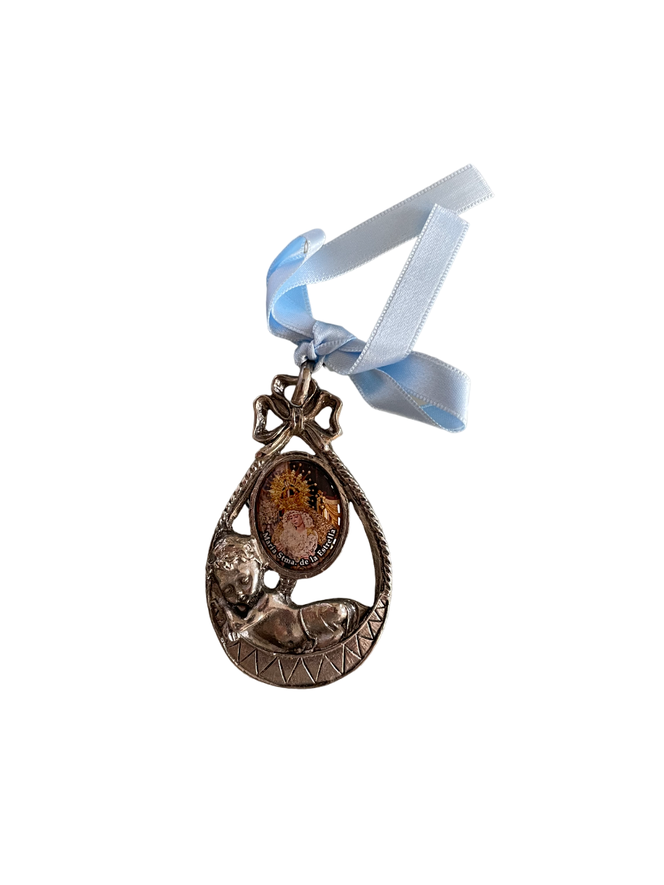 Medalla de cuna cinta celeste Virgen con Ángel